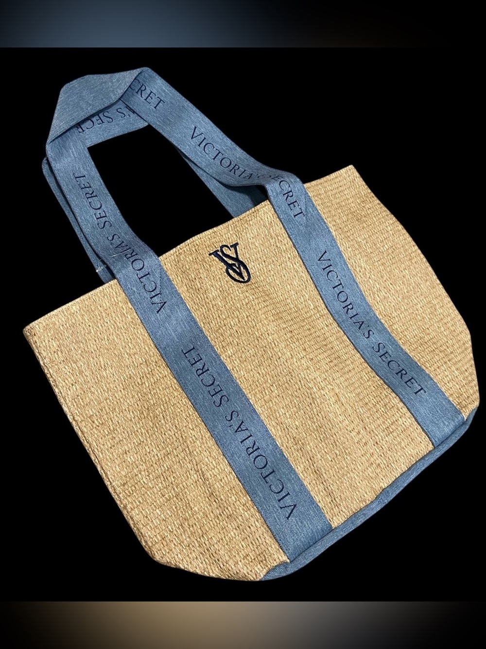 VICTORIA’S SECRET Straw Tote with Denim Blue Logo Straps